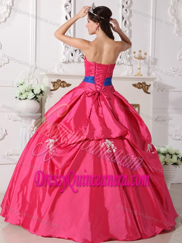 Appliqued and Ruched Quinceanera Gown Dress with Beads and Blue Bowknot