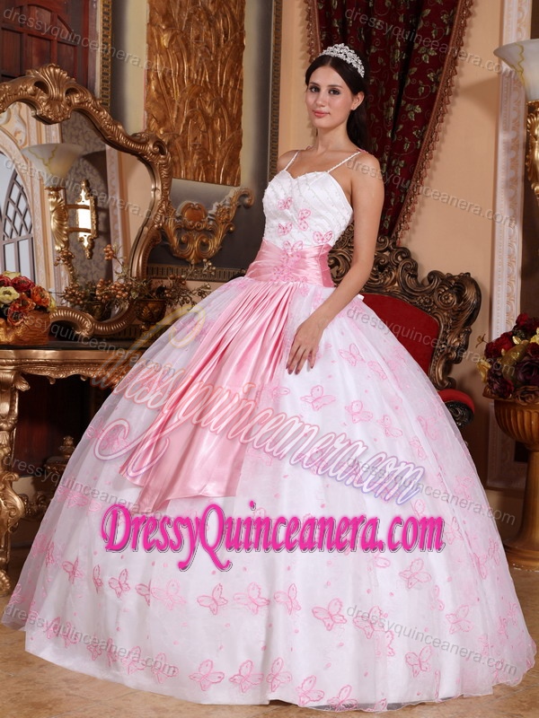 Spaghetti Straps Light Pink Quinceanera Gown Dress with Embroidery and Sash