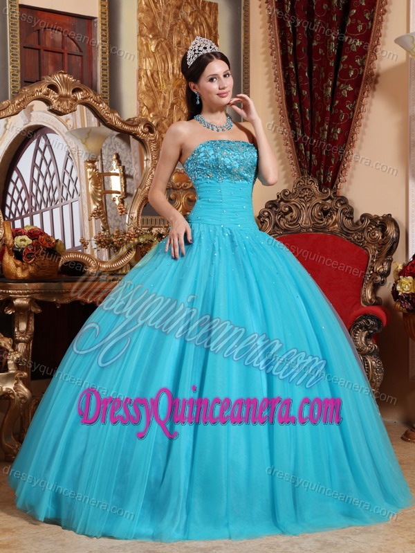 Aqua Blue Strapless Quinceanera Gown Dresses with Beading and Embroidery