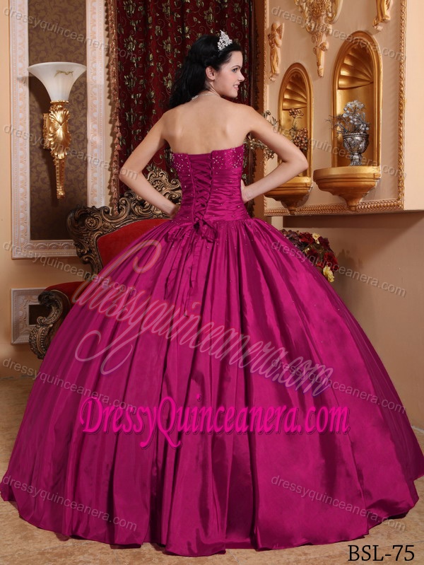 Strapless Floor-length Taffeta Sweet 16 Quinceanera Dress with Beads in Fuchsia