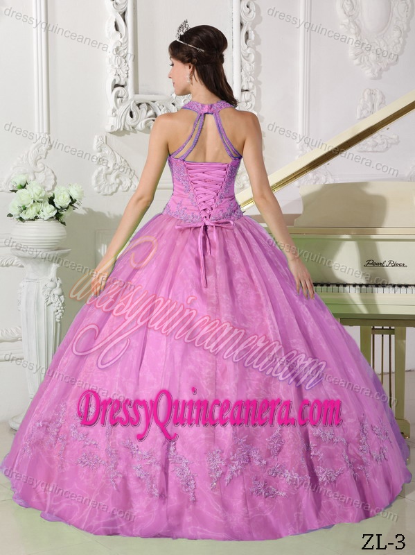 Halter-top Floor-length Sweet Sixteen Dresses with Appliques in Fuchsia on Sale