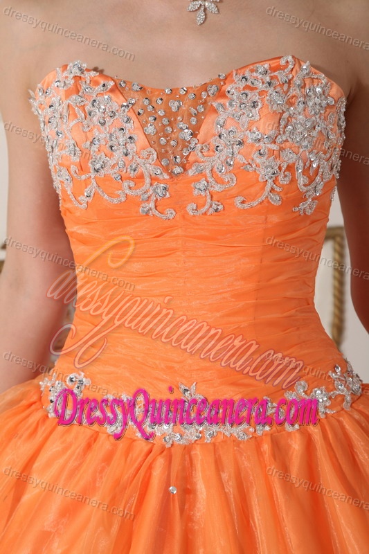 2013 Orange Strapless Dress for Quinceanera with Beadings and White Appliques