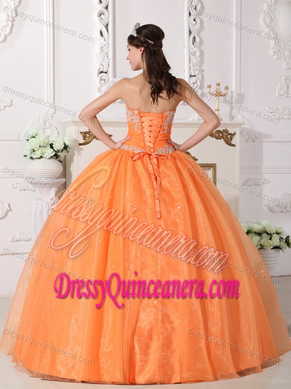 2013 Orange Strapless Dress for Quinceanera with Beadings and White Appliques
