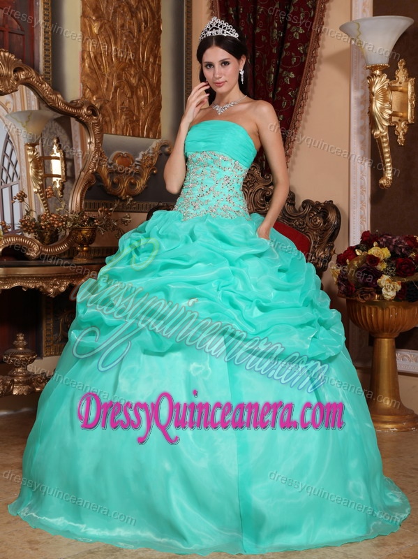 Apple Green Organza Sweet Sixteen Quince Dresses with Appliques and Pick-ups