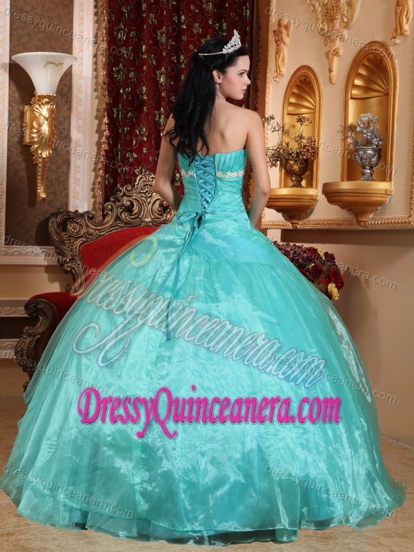 Ruched Strapless Sweet Sixteen Dresses with White Appliques in Apple Green