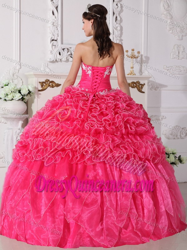 Hot Pink Ball Gown Strapless Quinceanera Gown Dress Embroidery and Ruffles