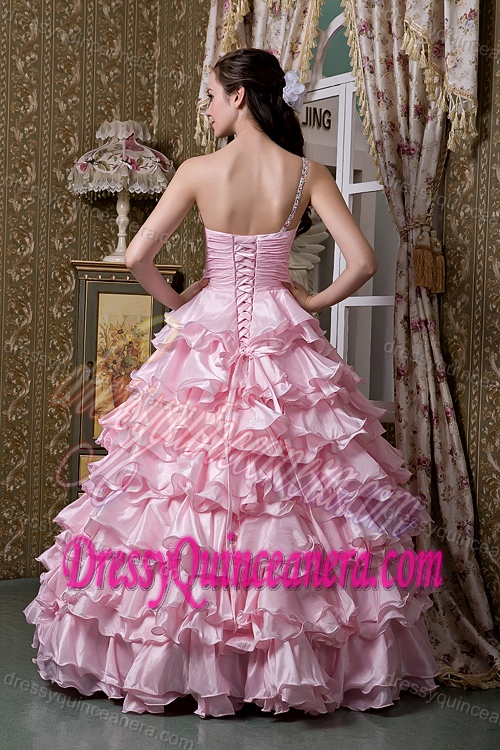 A-line One Shoulder Beaded Quinceanera Gown with Ruffled Layers in Baby Pink