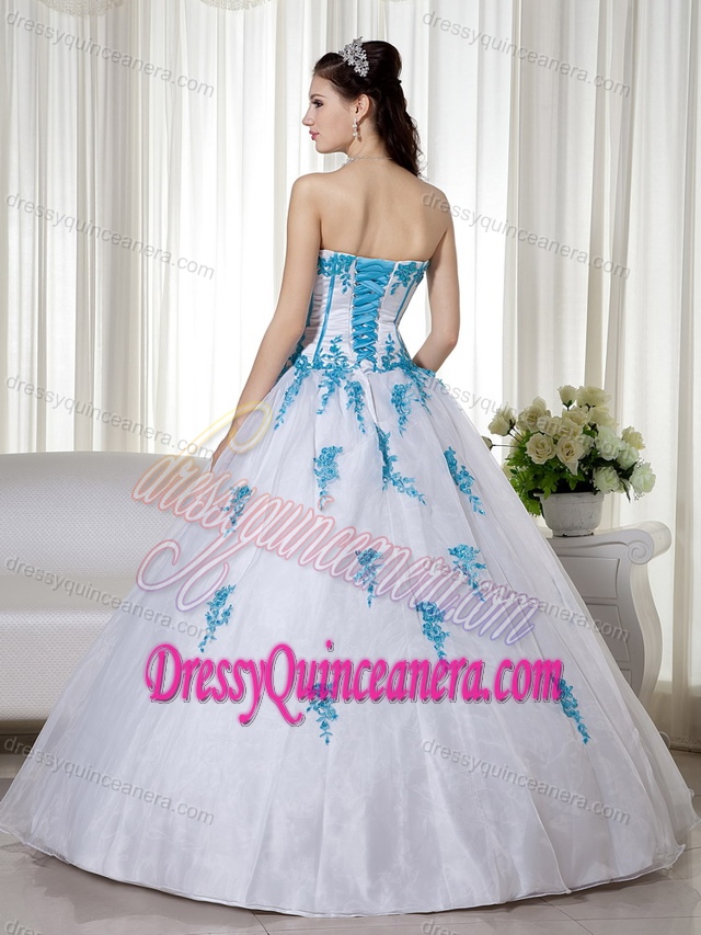 White Sweetheart Floor-length Quinceanera Gown with Teal Appliques on Sale