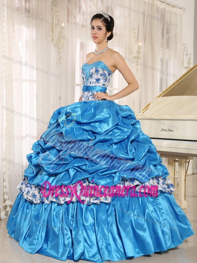 Beading and Printing Taffeta Quinceanera Dresses with Pick-ups in Aqua Blue