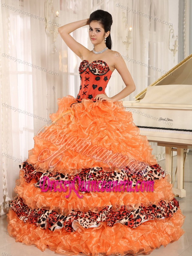Sweetheart Orange Leopard Quince Gown Dresses with Appliques and Ruffles