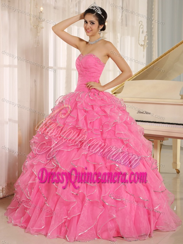 2013 Sweetheart Sweet Sixteen Dresses with Ruffles and Beadings in Rose Pink