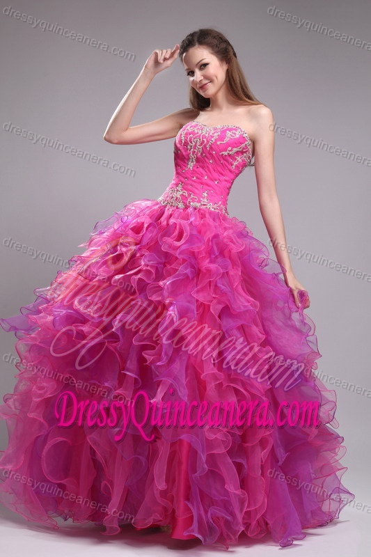 Fuchsia Ball Gown Sweetheart Organza Appliques Dresses for Quinceanera
