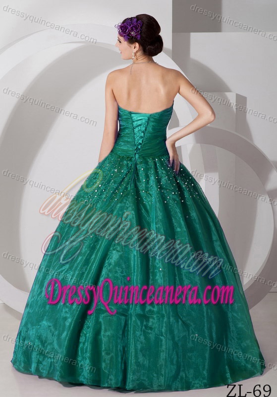 Hunter Green Strapless Ball Gown Organza Quinceanera Dress with Beading for Less