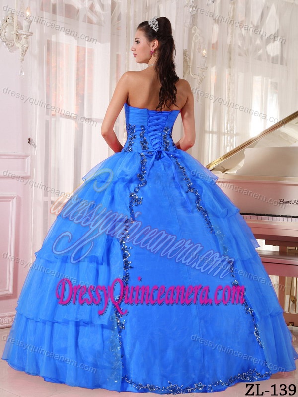 Blue Sweetheart Floor-length Organza Quinceanera Dresses with Layers and Paillettes