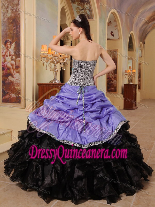 Strapless Purple Taffeta Black Organza Quinceanera Dress with Pick-ups and Zebra