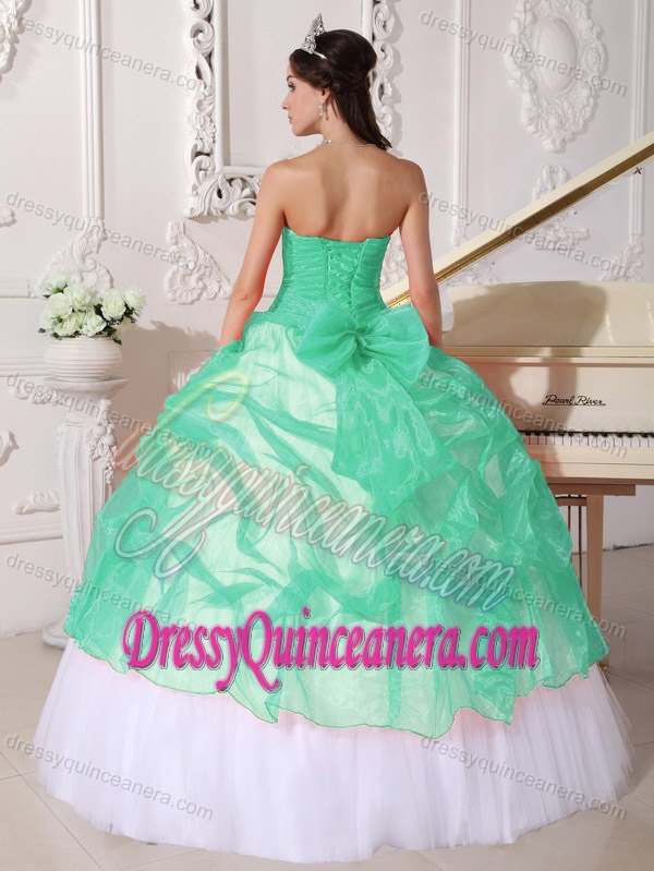 Nice Apple Green and White Organza Quinceanera Dress with Pick-ups and Appliques