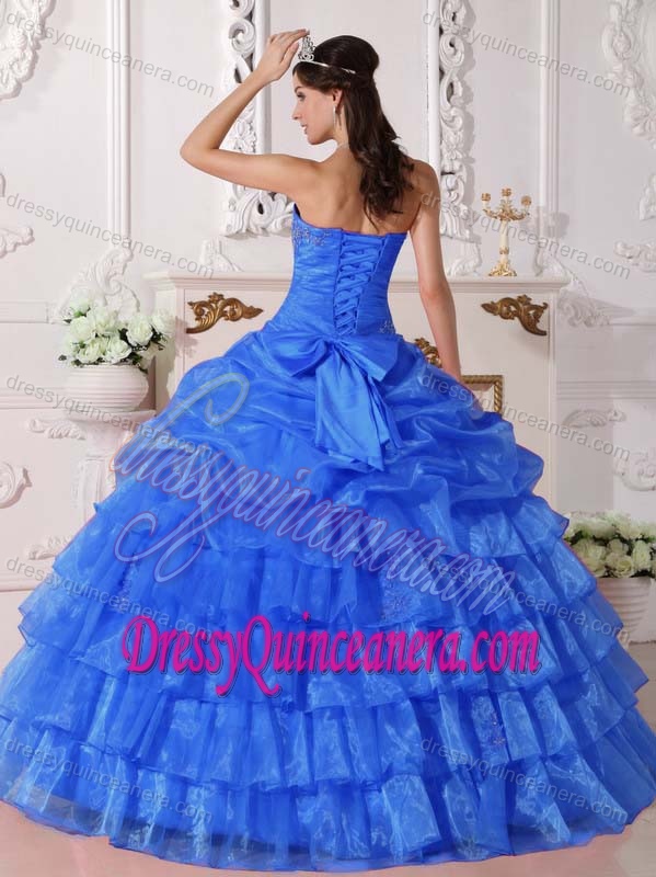 Strapless Blue Organza Layered Sweet Sixteen Dresses with Pick-ups and Appliques