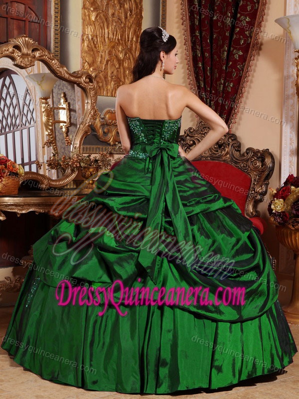 Hunter Green Strapless Taffeta Dresses for Quinceanera with Pick-ups and Beading