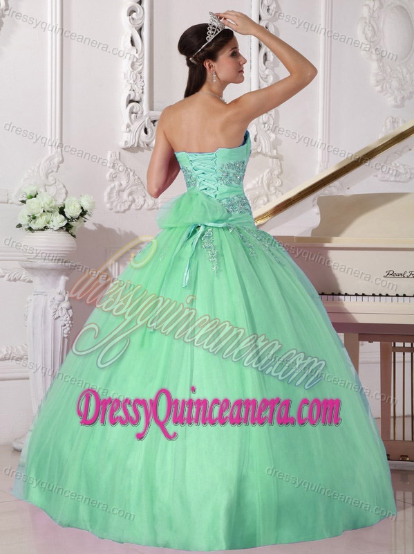 Strapless Apple Green Taffeta and Tulle Quinceanera Dress with Appliques for Cheap