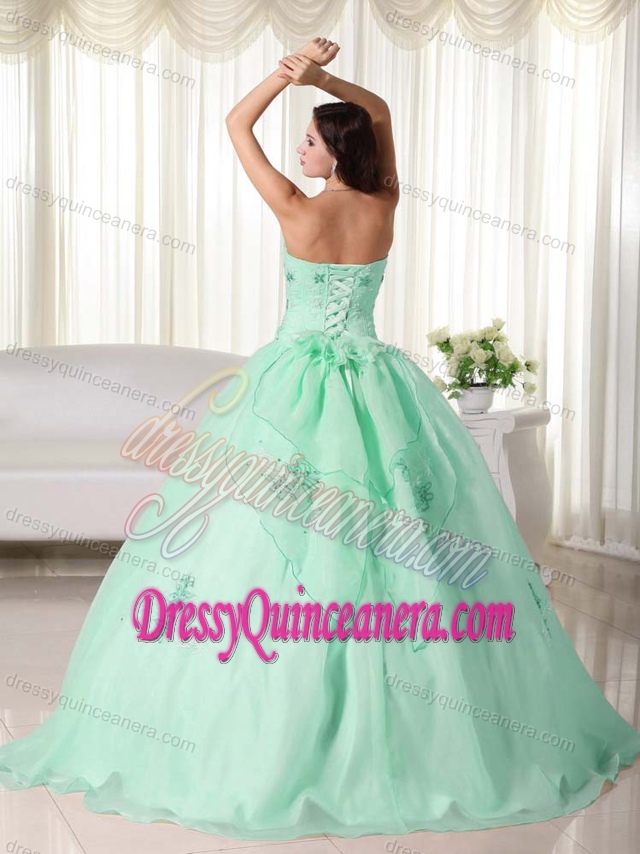 Apple Green Long Organza Magnificent Quinceanera Gown with Embroidery