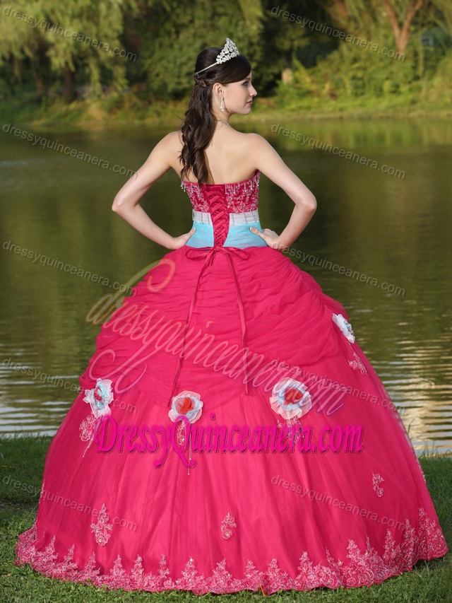 Exquisite Tulle Strapless Coral Red Lace-up Quince Dresses with Beading