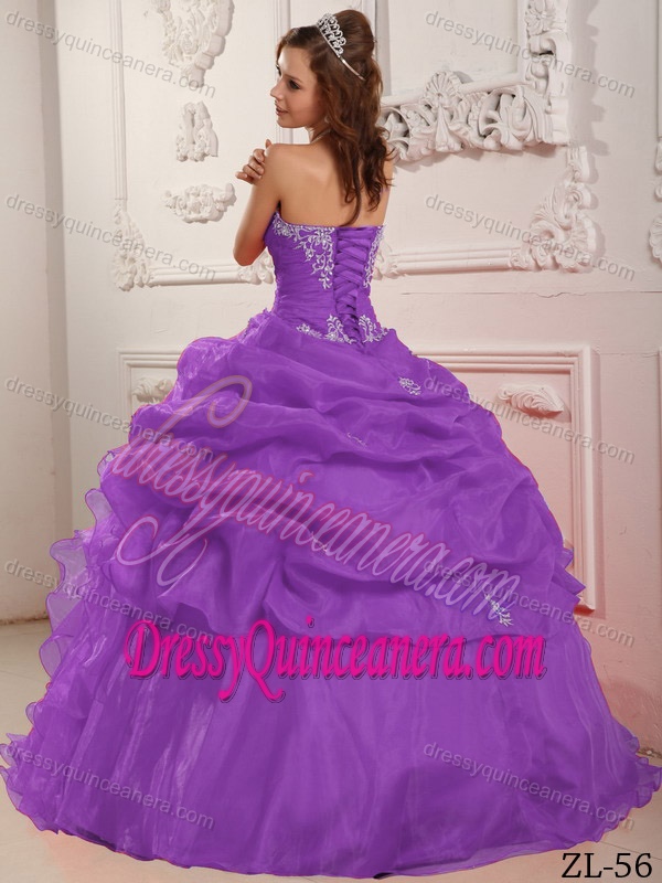 Purple Ball Gown Strapless Organza Beading And Ruffles Quinceanera Dress