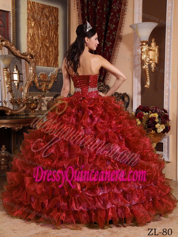 Ball Gown Organza Beading Red 2013 Quinceanera Dresses with Sweetheart