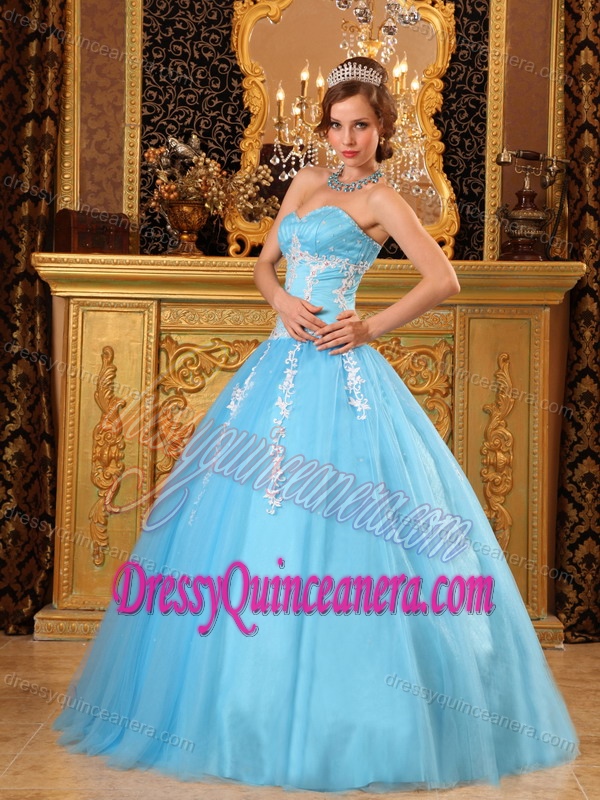 Popular Sweetheart Tulle Appliques Summer Sweet Sixteen Dress in Aqua Blue