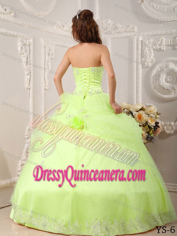 Beautiful Sweetheart Organza Appliques Yellow Green Quinceanera Dresses