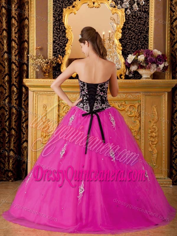 2013 Hot Pink and Black Princess Sweetheart Tulle Beading Sweet 16 Dresses
