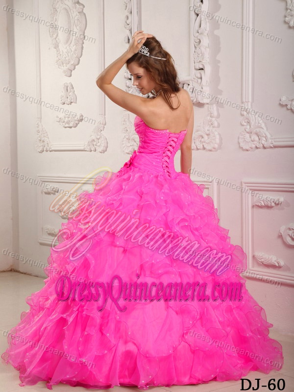 Romantic Ball Gown Sweetheart Beading Organza Hot Pink Quinceanera Dress
