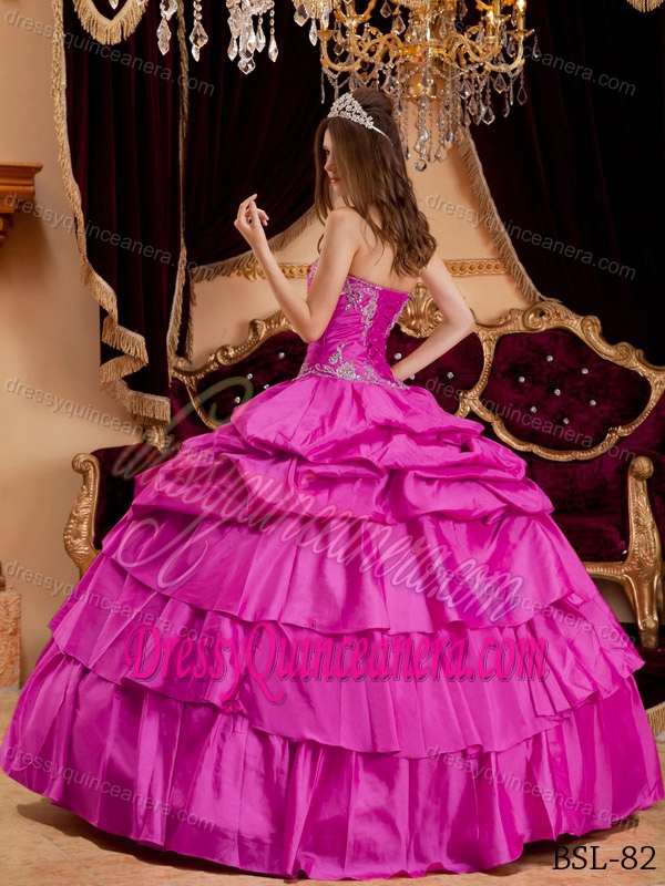 Hot Pink Appliques Taffeta Sweetheart Quinceanera Dress with Layers Ruffles