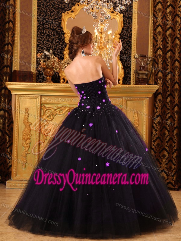Popular Strapless Appliques Black Quinceanera Dress with Fuchsia Flowers
