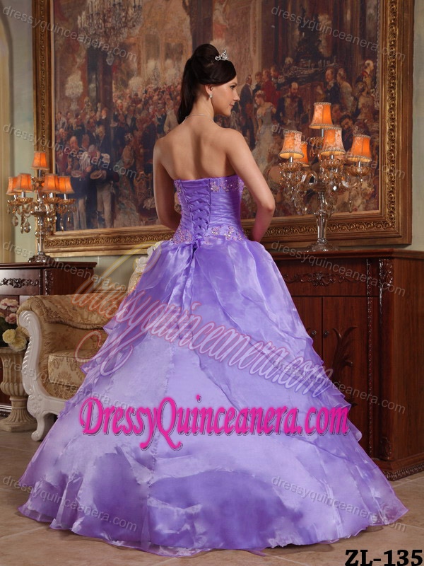 Purple Strapless Beading Flowers Quinceanera Dresses Made in Organza