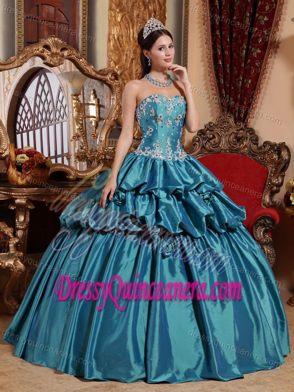 Ball Gown Sweetheart Taffeta Teal Quinceanera Dress with White Appliques