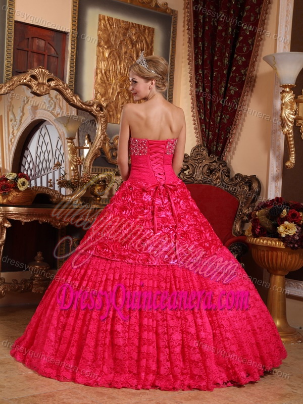 Red A-line Strapless Beading Quinceanera Dress Decorated Rolling Flowers
