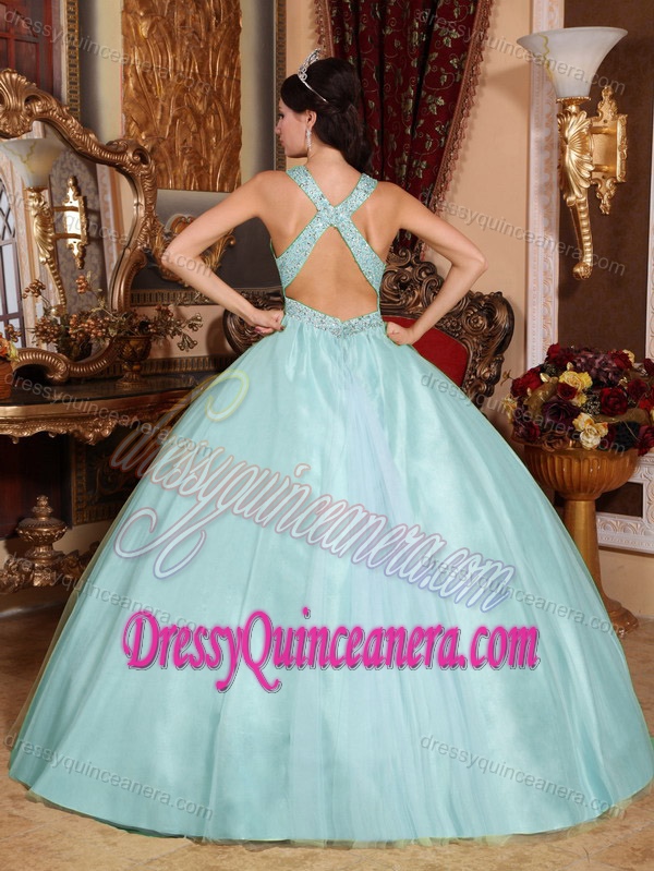 Light Blue Ball Gown V-neck Tulle and Taffeta Beading Quinceanera Dress