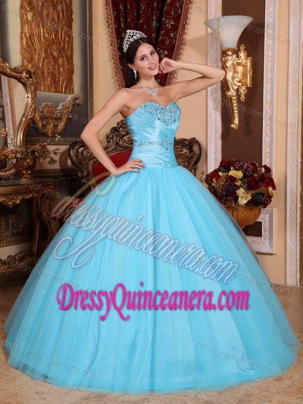 Blue Tulle and Taffeta Quinceanera Gown 2013 with Beading and Ruches
