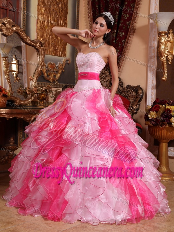 Multi-colored Organza Beaded Ruched Quinceanera Dress with Ruffles