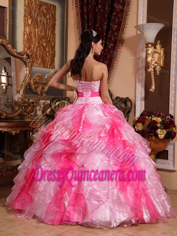 Multi-colored Organza Beaded Ruched Quinceanera Dress with Ruffles