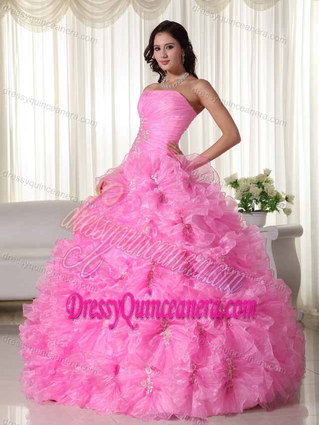 Rose Pink Organza Appliqued Quinceanera Dress for 2015 with Ruffles