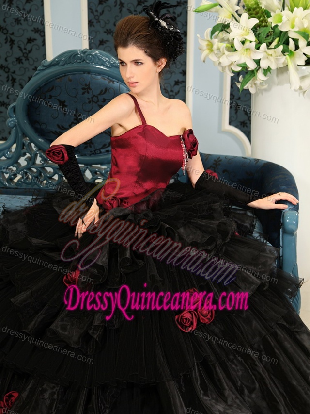Wine Red and Black Ruffled Quinceanera Dress with Hand Made Flowers