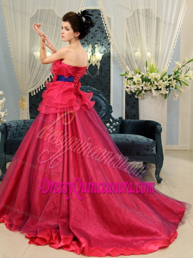 Coral Red Organza One Shoulder Custom Quince Dress with Court Train