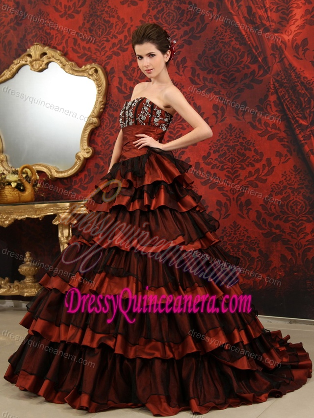 Rust Red and Black Ruffled Sweet Sixteen Dresses with Court Train