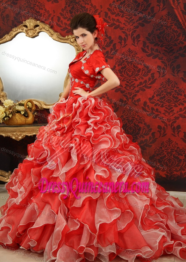 Ruffled Sweetheart Organza Red Sweet Sixteen Dresses with Beading