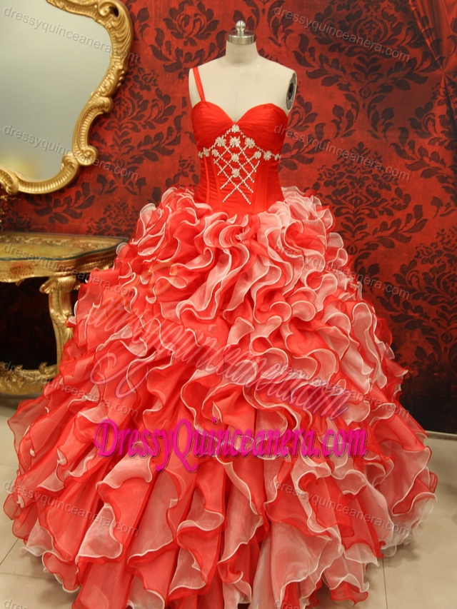 Ruffled Sweetheart Organza Red Sweet Sixteen Dresses with Beading