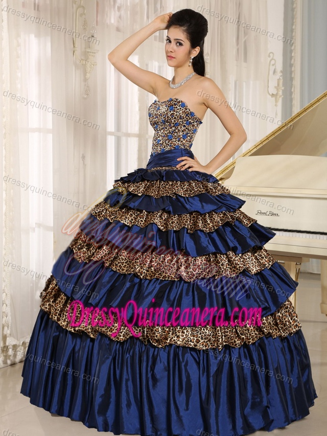 Leopard Ruffled Appliqued Navy Blue Quinceanera Dress with Beading