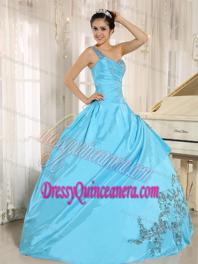 Blue One Shoulder Quinceanera Dresses with Appliques and Beading 2013