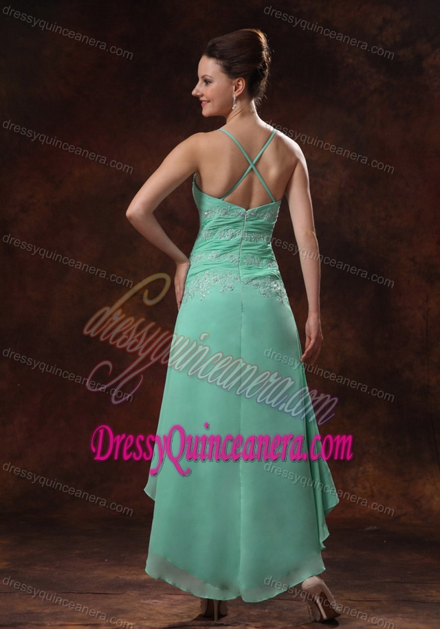 Cheap High Low Spaghetti Straps Quince Dama Dresses in Apple Green