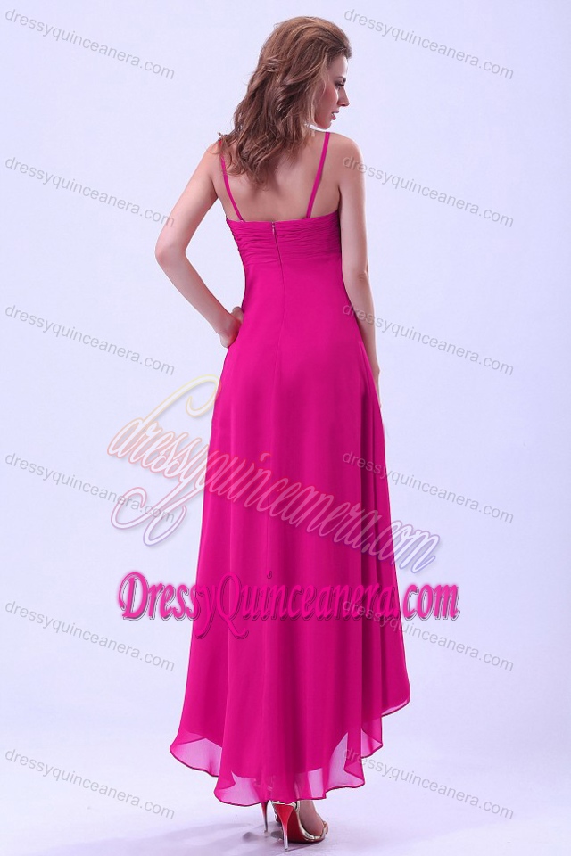 High-Low Spaghetti Straps Sweet Chiffon Dama Dresses in Hot Pink